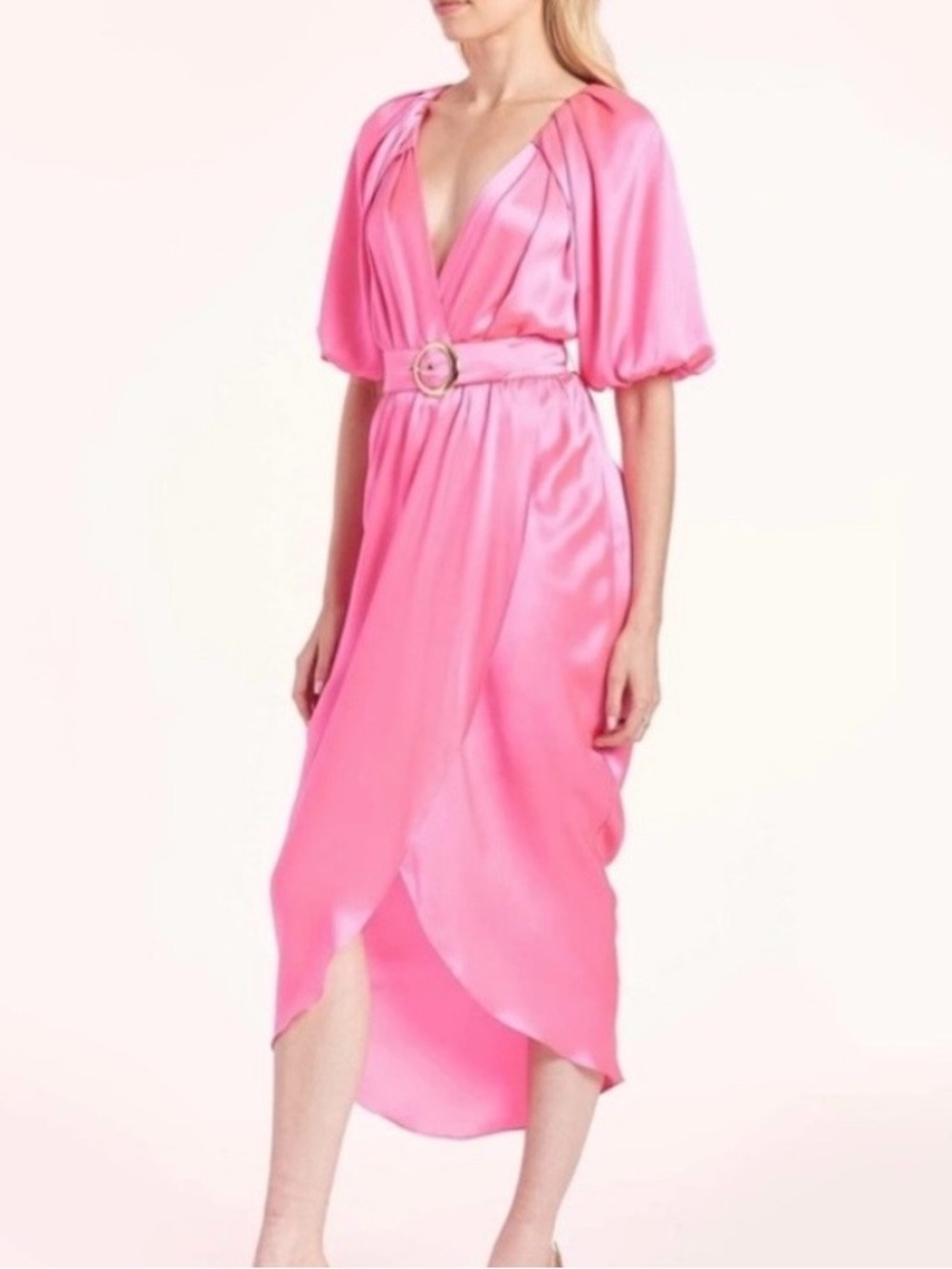 Amanda Uprichard Durand 100% Silk Puff Sleeve Belted Midi Dress Pink Size XS